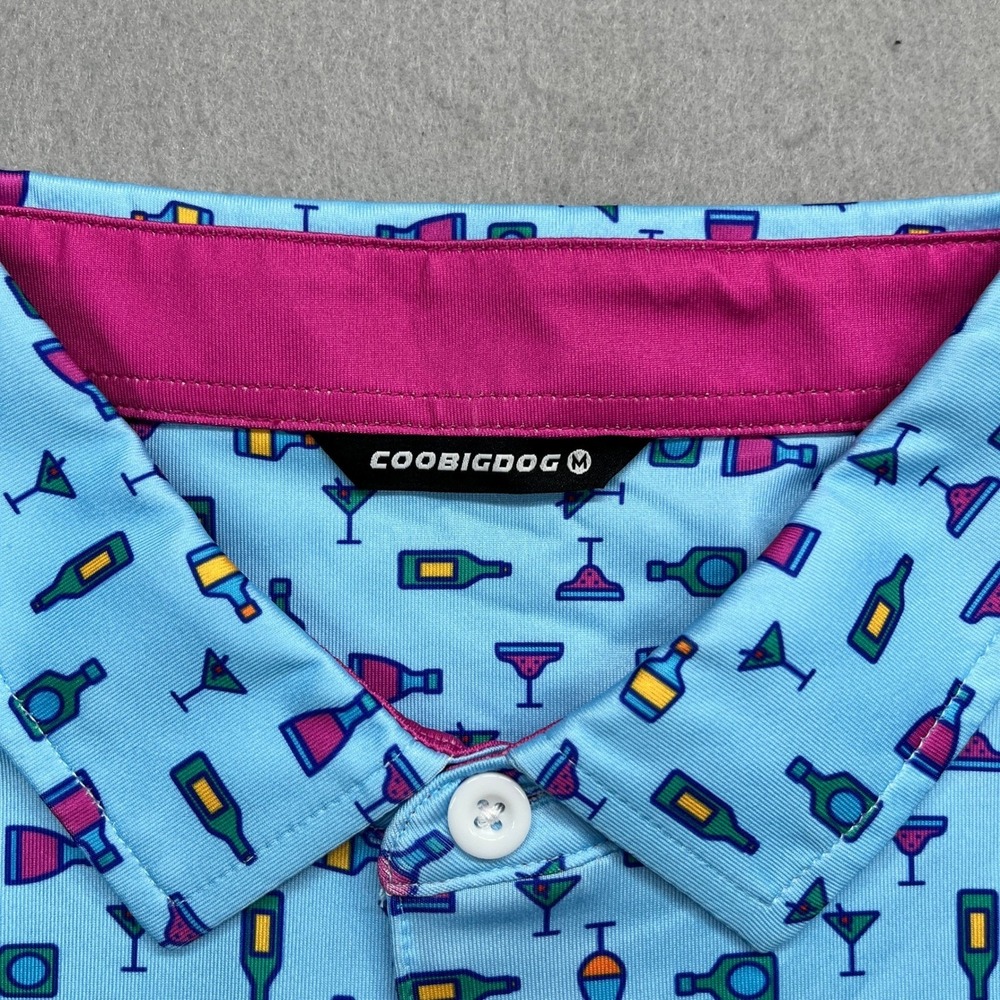Coobigdog Mens Polo Shirt Medium Blue Cocktail Print Performance Short Sleeve - Picture 4 of 5